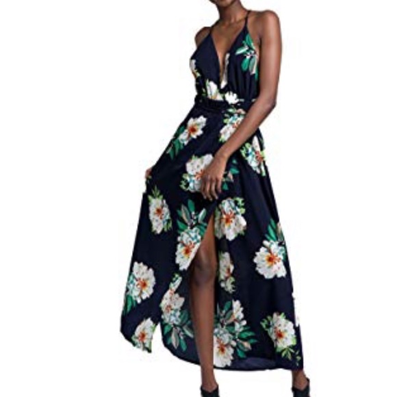 Bohemian Navy Floral Print Maxi Backless Plunge V - Picture 2 of 3